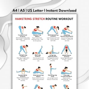 Hamstring stretch routine afdrukbare pdf, beenrekoefeningen grafiek, onderlichaam flexibiliteit training poster, home fitness kunst aan de muur