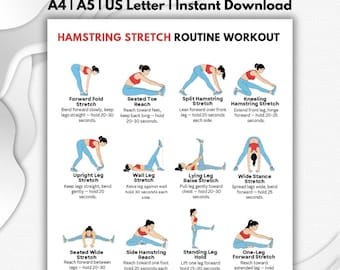 Hamstring Stretch Routine Printable PDF, Leg Stretching Exercises Chart, Lower Body Flexibility Workout Poster, Home Fitness Wall Art
