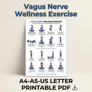 May include: A printable PDF with exercises for vagus nerve wellness. The blue and white chart includes illustrations of various breathing and movement techniques. Text includes "Vagus Nerve Wellness Exercise" and "Calm Your Body with Gentle Breathing & Movement."