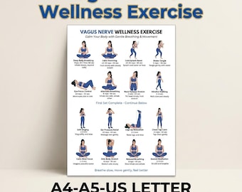 Tableau des exercices du nerf vague à imprimer, routine de relaxation respiratoire au format PDF, affiche de réinitialisation du système nerveux, exercices de pleine conscience et de soulagement du stress
