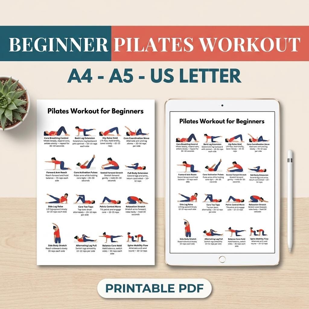 Pilates Workout for Beginners Printable PDF | Full Body Core Exercise ...
