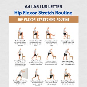 Può includere: Un diagramma che illustra una routine di stretching del flessore dell'anca. L'immagine presenta 12 esercizi illustrati, ciascuno con una persona che dimostra lo stretching e un testo che descrive i passaggi e la durata. Il titolo è "Hip Flexor Stretch Routine".
