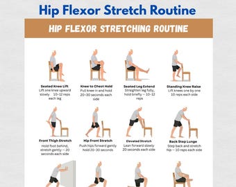 Hip Flexor Stretch Routine Printable for Seniors, Chair & Standing Exercises, Hip Mobility Workout Chart PDF, Lower Body Flexibility Guide