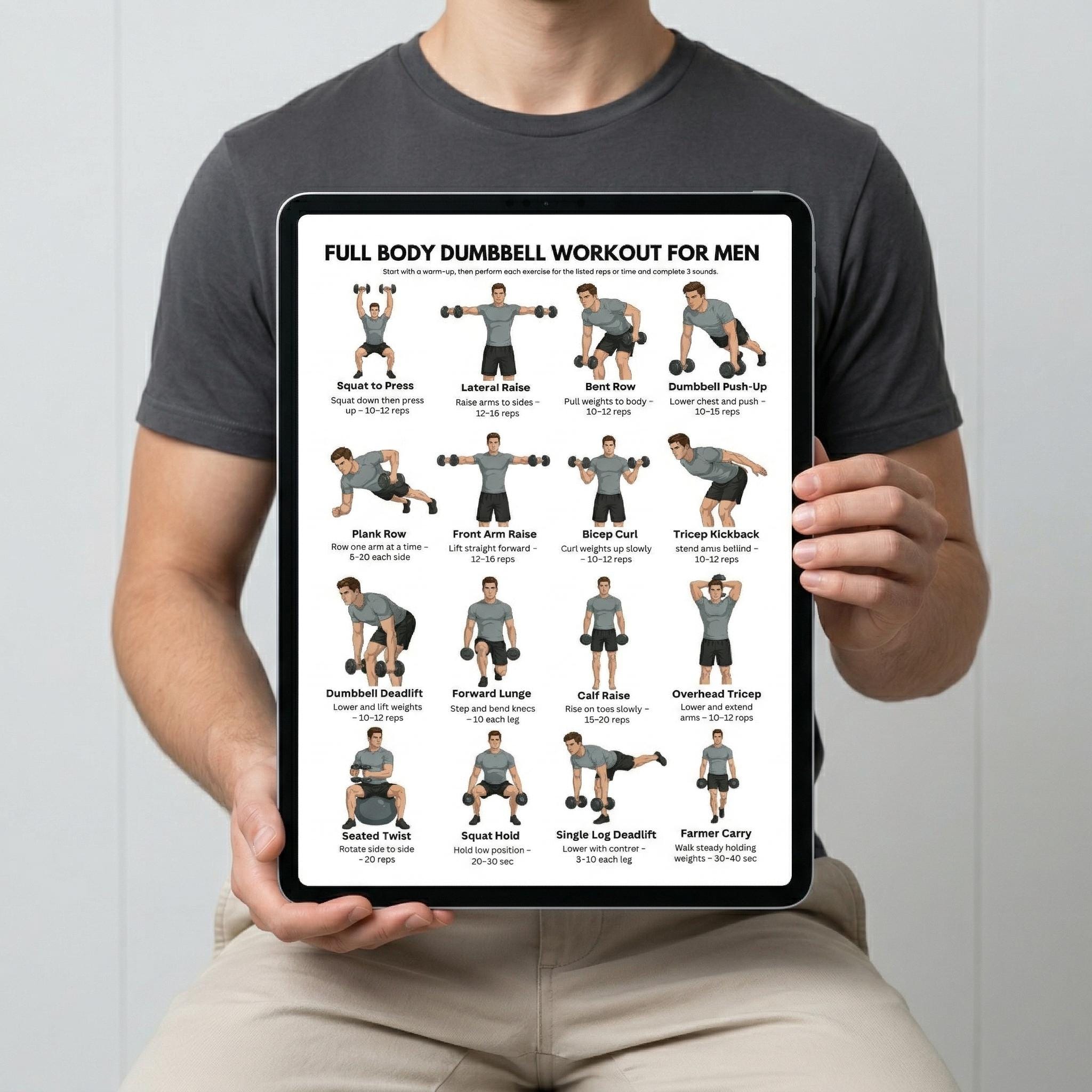 Full Body Dumbbell Workout for Men Printable PDF, Home Strength ...