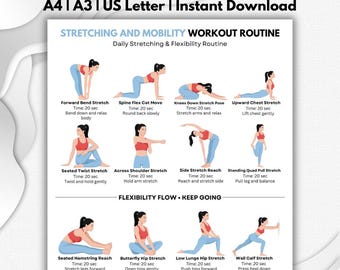 Afdrukbare training stretching en mobiliteit, 16 flexibiliteitsoefeningen pdf, poster dagelijkse homegym stretchroutine, directe download