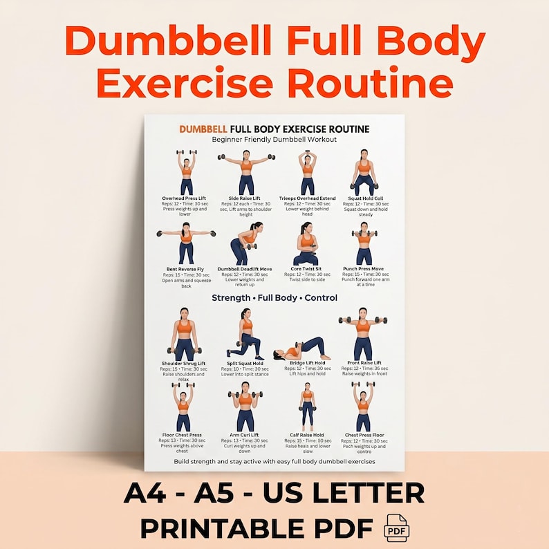 Full Body Dumbbell Workout Printable, Beginner Strength Training Chart ...