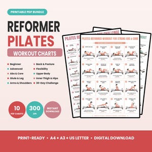 Reformer Pilates träningspaket, guide till hemmastudio, 10 utskrivbara PDF-träningsscheman, helkropp, core, sätesmuskler och överkropp