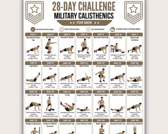 PDF 28-daagse militaire gymnastiekoefening voor mannen, trainingsschema lichaamsgewicht heren, bootcamp-fitnessposter, schema thuistraining