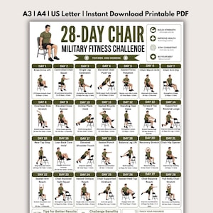 May include: A 28-day chair military fitness challenge printable PDF chart featuring daily exercise instructions with illustrations of a person performing movements on a chair. The layout includes 28 distinct daily workout boxes with text.