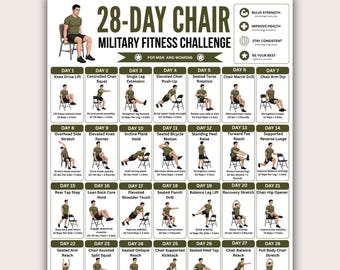 Afdrukbare pdf 28 dagen militaire stoeltraining, fitnessplan zittend, tabel stoeloefening, poster thuisfitness