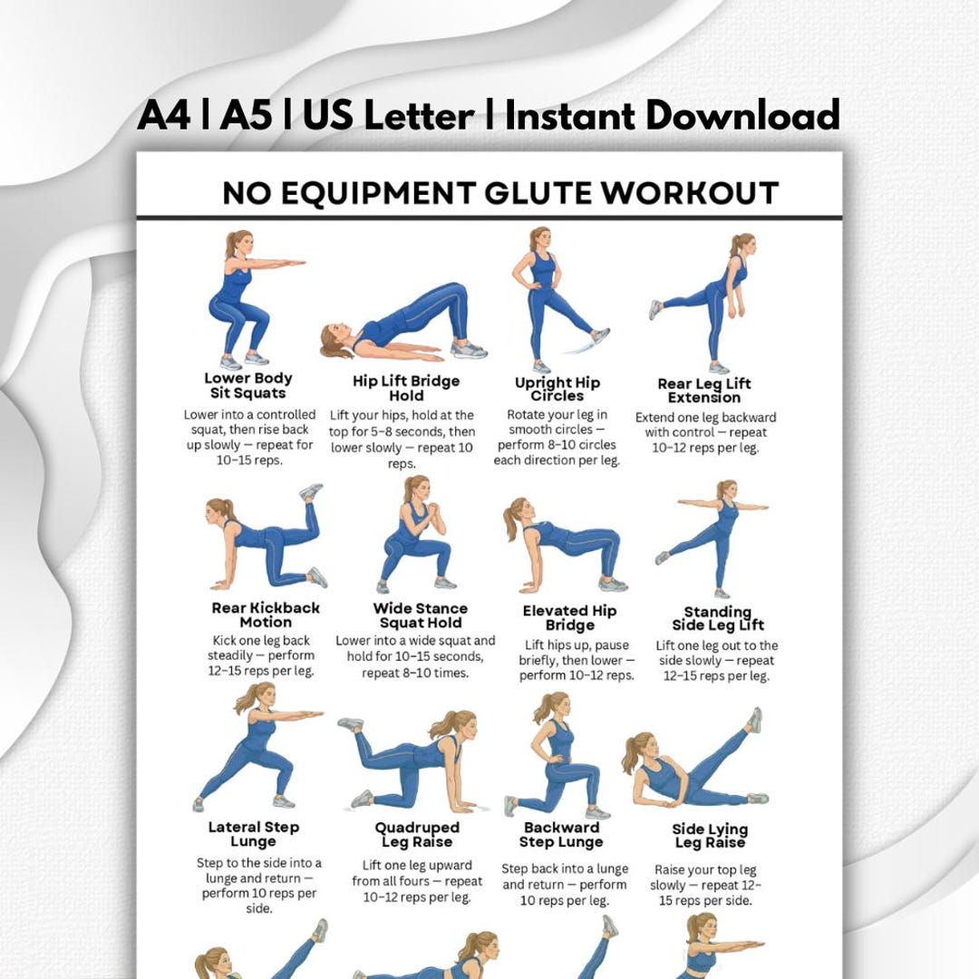 Glute Workout No Equipment Printable PDF, Lower Body Exercise Chart ...
