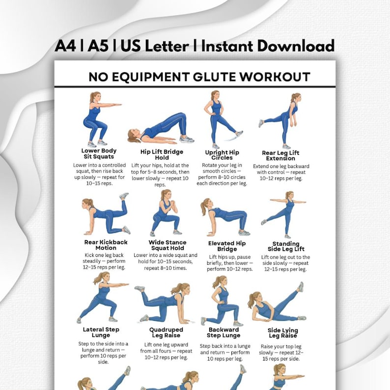 Glute Workout No Equipment Printable PDF, Lower Body Exercise Chart ...