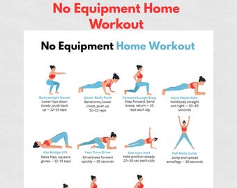 No Equipment Home Workout Printable, Full Body Bodyweight Exercise Chart, 16 Step Fitness Routine Poster, Home Gym Wall Art A4 PDF