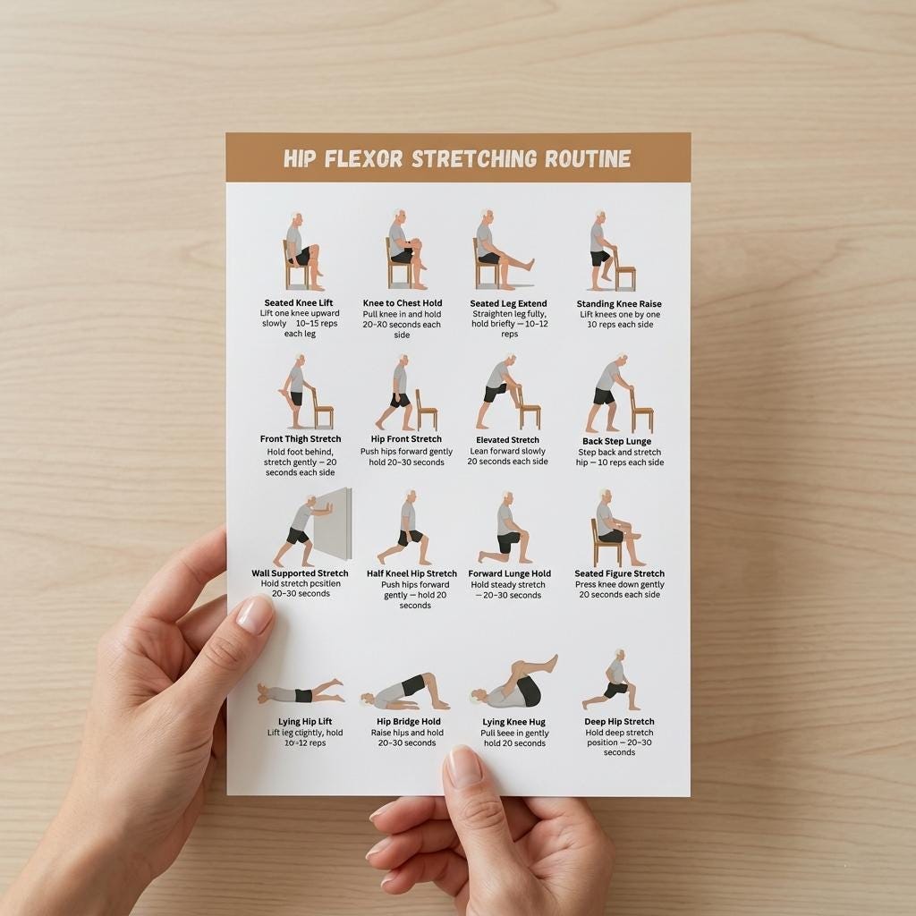 Hip Flexor Stretch Routine Printable for Seniors, Chair & Standing ...
