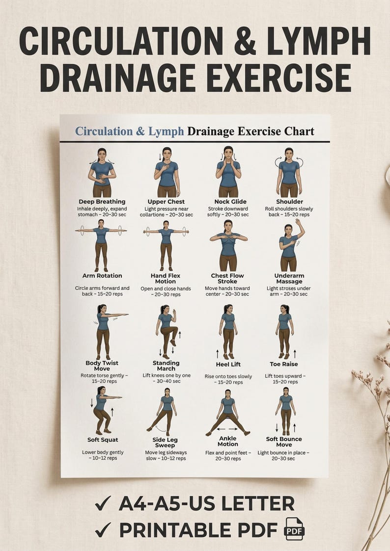 Lymphatic Exercise Routine For Men Lymphatic Drainage & Exercise Lymph Chart Printable PDF | Exercise ...