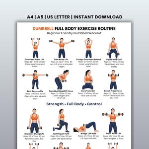 May include: A printable dumbbell full body exercise routine for beginners. The workout includes exercises like overhead press lift, side raise lift, triceps overhead extend, squat hold curl, and more. The text includes the number of reps and time for each exercise.