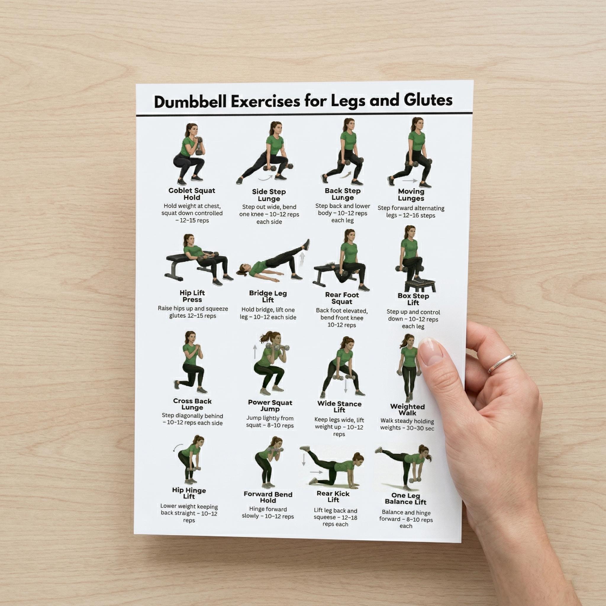 Dumbbell Leg and Glute Exercises Chart Printable PDF, Lower Body ...