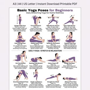 May include: Printable PDF guide featuring basic yoga poses for beginners, including Upright Peak Pose, Forward Stretch, and Wide Warrior Stance. The guide provides instructions for each pose, promoting home wellness through daily stretching and relaxation.