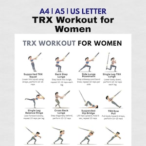 Peut inclure: Guide d'entraînement TRX pour femmes, illustrant des exercices comme les squats, les fentes et les rangées. Chaque exercice est accompagné d'instructions précises sur les répétitions et les séries.