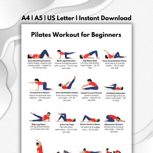 Pilates Workout for Beginners Printable PDF | Full Body Core Exercise Chart | No Equipment Home Pilates Fitness Routine