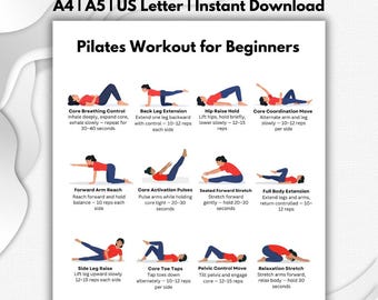 Allenamento Pilates per principianti in formato PDF stampabile / Tabella di esercizi per tutto il corpo / Routine di fitness Pilates a casa senza attrezzi