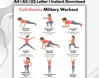 Military Style Calisthenics Workout Printable PDF, Full Body Bodyweight Training Chart, Home Bootcamp Fitness Routine Exercise