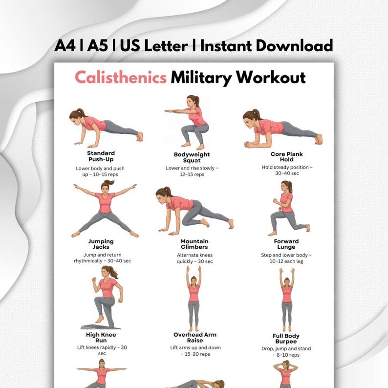 Military Style Calisthenics Workout Printable PDF, Full Body Bodyweight ...