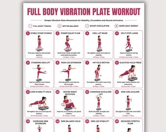 Afdrukbare pdf-oefening met vibratieplaat, 16 full-body powerplate-oefeningengrafiek, gids voor balans, bloedsomloop en thuisfitness