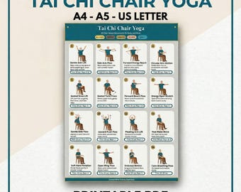 Afdrukbaar tai chi-stoelyoga voor senioren, tabel met 16 zittende oefeningen, routine voor zachte dagelijkse mobiliteit, balans en mindfulnesstraining pdf