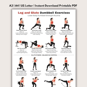 Op de afbeelding: A4-afdrukbare PDF-gids met been- en bilspieroefeningen met dumbbells. Bevat illustraties en instructies voor oefeningen zoals squats, lunges en step-ups. Ontworpen voor krachttraining van het onderlichaam, met herhalingsaantallen.