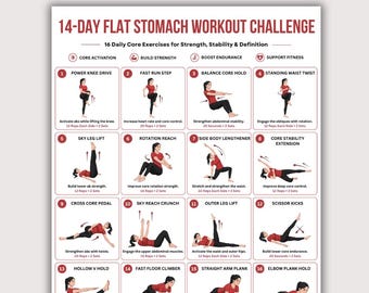 Flat Stomach Workout Challenge Printable, 14-Day Core & Ab Exercises Chart, Home Fitness Routine PDF,  Instant Download