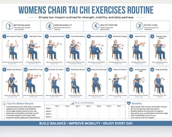 Chair Tai Chi Exercises for Womens Printable PDF | 16 Seated Tai Chi Movements for Balance, Mobility & Wellness | Senior Fitness Chart