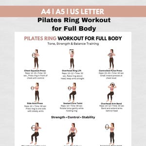 Könnte beinhalten: Ein Pilates-Ring-Workout-Guide für den ganzen Körper. Die Abbildung zeigt Illustrationen von Übungen wie Brustpresse, Überkopf-Ringheben und Seitenhaltepresse. Der Text enthält Übungsnamen, Wiederholungen und Zeitangaben.