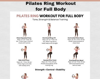 Pilatesring-trainingsschema voor het hele lichaam afdrukbaar | Oefenroutine magische cirkel pdf | Poster pilatesuitrusting voor thuis