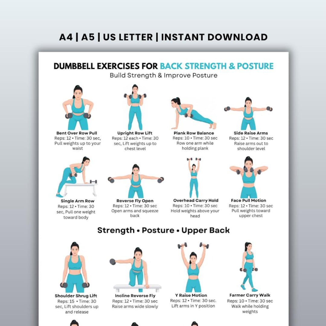Dumbbell Back Workout Printable,upper Back & Posture Exercise Chart PDF ...