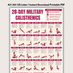 28-dagars militär Calisthenics-utmaning utskrivbar PDF, träningsplan för hela kroppen med kroppsvikt, träningsschema för hemma-bootcamp