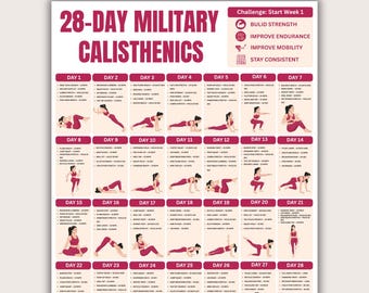 Sfida di calisthenics militare di 28 giorni in formato PDF stampabile, programma di allenamento a corpo libero per tutto il corpo, tabella di fitness per bootcamp a casa