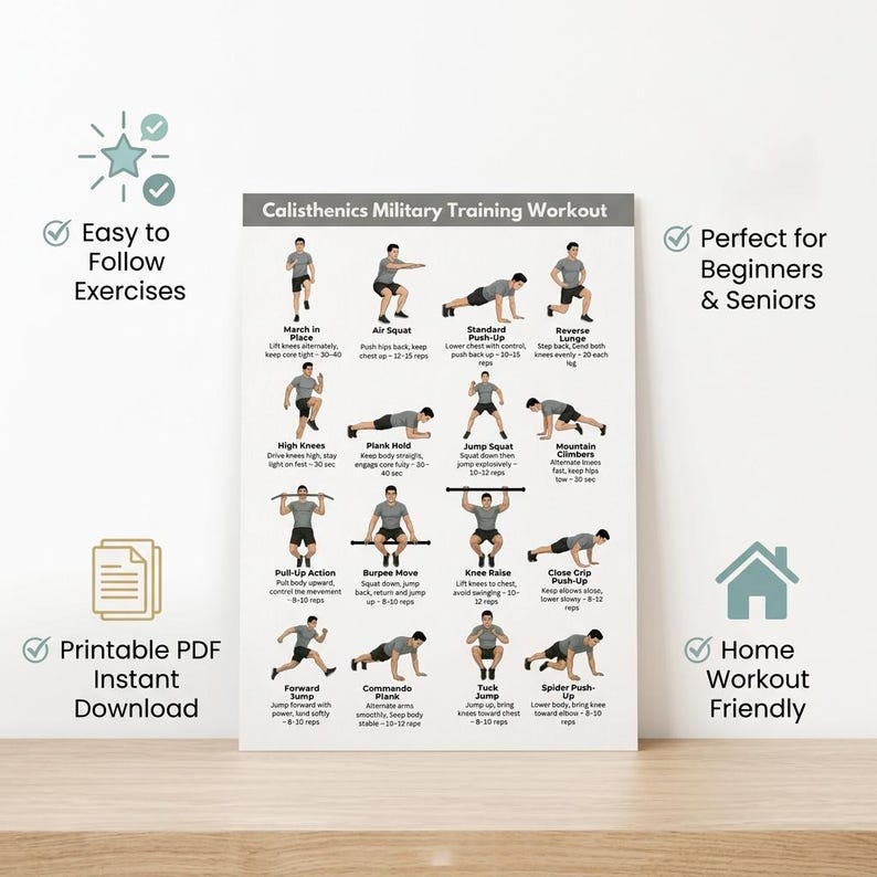 Military Style Calisthenics Workout Printable, Full Body Bodyweight ...
