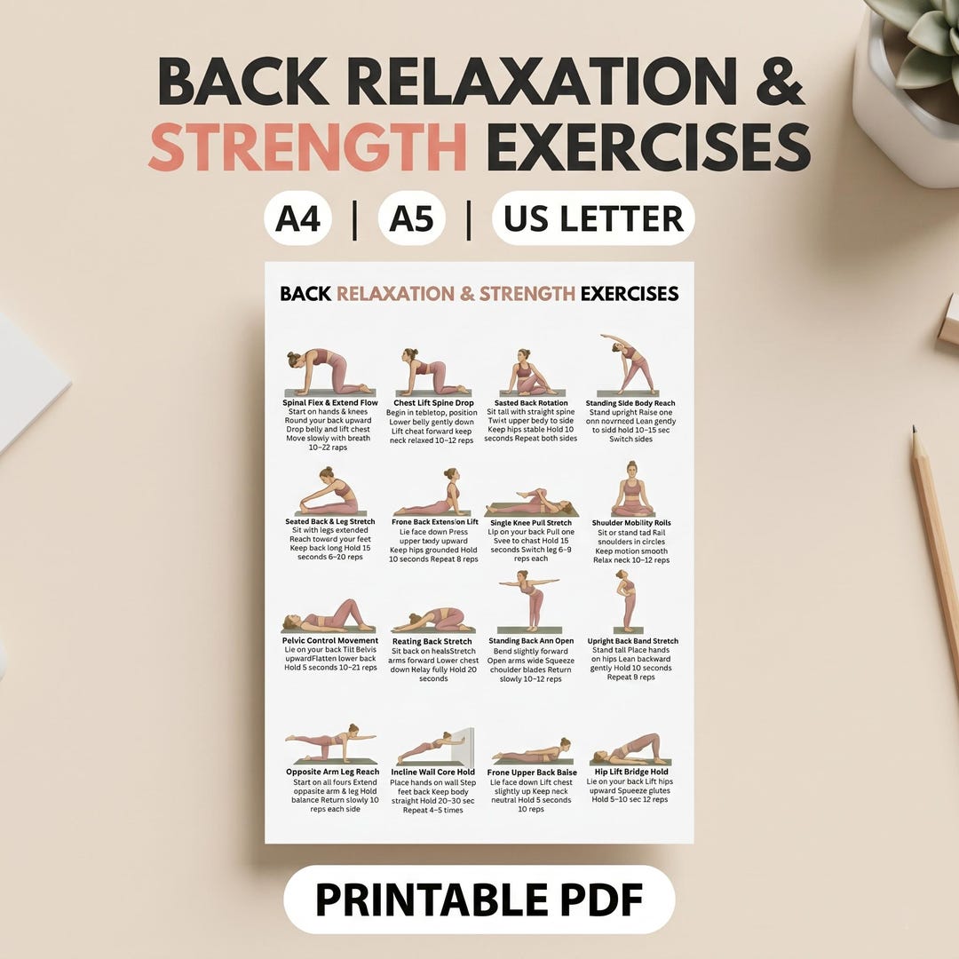 Back Exercise Printable Chart, Back Pain Relief Workout Poster, Upper ...