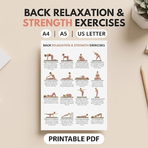May include: A printable PDF with back relaxation and strength exercises. The poster includes illustrations of various exercises with instructions. The text at the top reads "BACK RELAXATION & STRENGTH EXERCISES" and includes A4, A5, and US Letter size options.