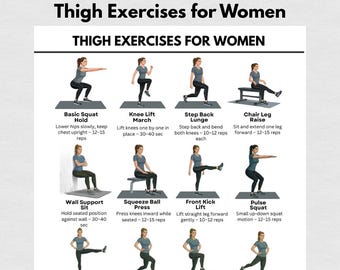 Thigh Exercises Chart for Women Printable PDF, Inner & Outer Thigh Workout, Lower Body Home Workout Guide Poster