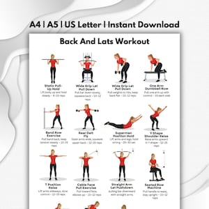 以下が含まれることがあります： 「Back And Lats Workout」というタイトルのワークアウトガイド。エクササイズのイラストが掲載されています。Static Pull-Up Hold、Wide Grip Lat Pull Down、One Arm Dumbbell Rowなどのエクササイズが含まれています。ガイドは即時ダウンロード可能です。