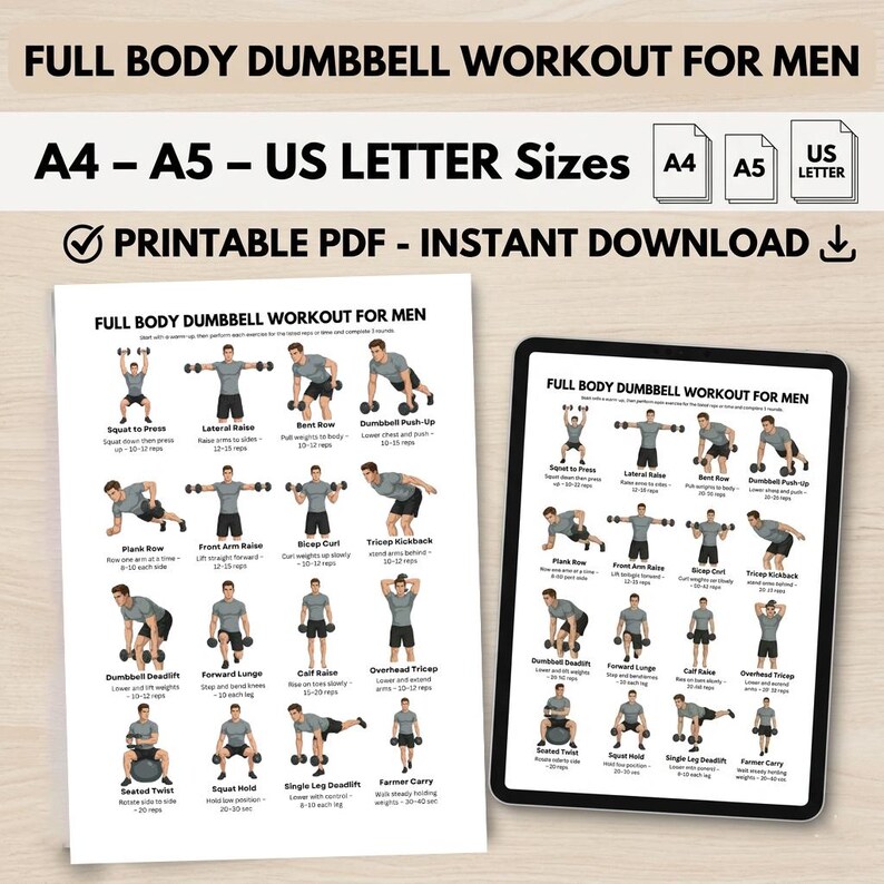 Full Body Dumbbell Workout for Men Printable PDF, Home Strength ...