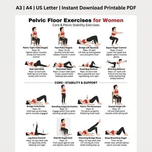 Peut inclure: Guide PDF imprimable avec des exercices du plancher pelvien pour femmes. Il comprend des illustrations et des instructions pour divers exercices tels que les exercices de Kegel, les levées de pont et les squats. Le guide est axé sur la stabilité du tronc et du bassin.