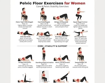 Esercizi per il pavimento pelvico per donne (stampabili) – Esercizi di Kegel in PDF / Routine per la stabilità del core e del bacino / Tabella di fitness per principianti da fare a casa