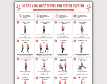 Balance Exercises for Seniors Over 50 Printable PDF | 16 Standing Stability Exercises | Fall Prevention Workout Chart | Home Fitness