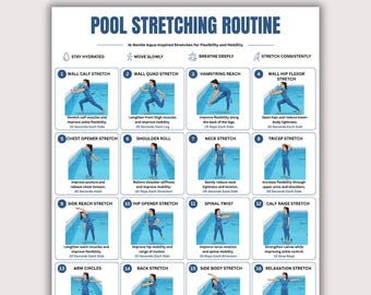 Afdrukbare pdf-oefening routine zwembad, oefeningstabel 16 waterpassen, waterflexibiliteit en mobiliteitsrekken, poster zwemmen herstel