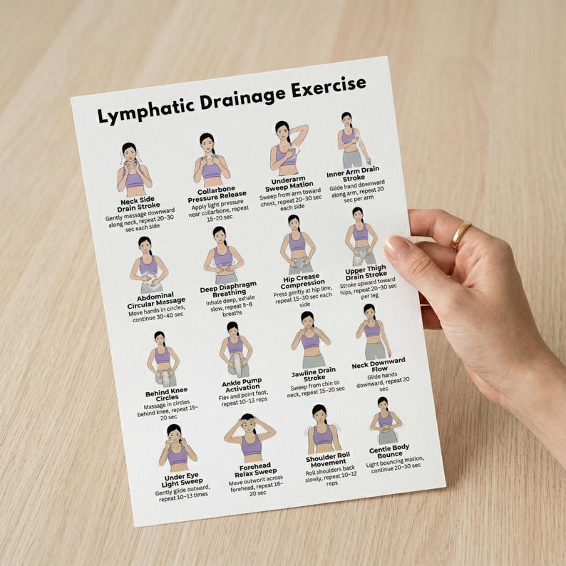 May include: A white paper titled "Lymphatic Drainage Exercise" with illustrations and instructions for various exercises. The paper is held by a hand with a gold ring. The exercises include neck strokes, breathing, and hip compression.