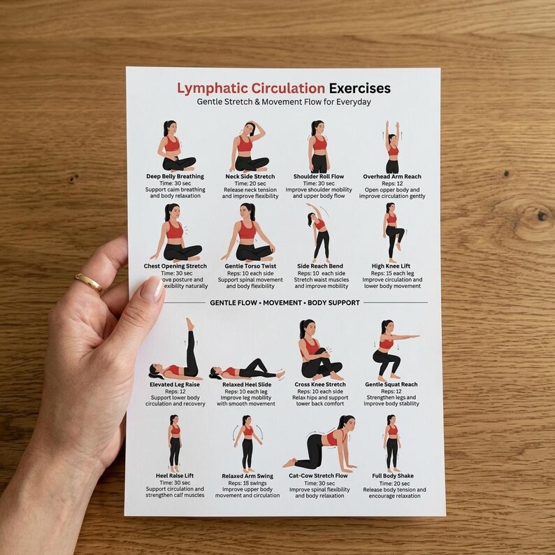 Pu&ograve; includere: Un foglio bianco stampato con illustrazioni di esercizi di yoga, intitolato "Lymphatic Circulation Exercises". Mostra esercizi di stretching e movimenti delicati per l'uso quotidiano, promuovendo il rilassamento e la flessibilit&agrave;. Il foglio &egrave; tenuto da una mano.