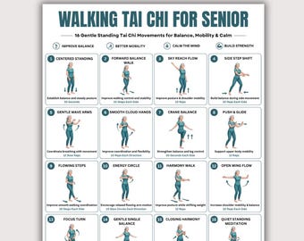 Afdrukbare poster wandelen tai chi voor senioren, 16 staande evenwichtsoefeningen, tai chi-routine voor beginners, tabel zachte mobiliteit met lage impact pdf